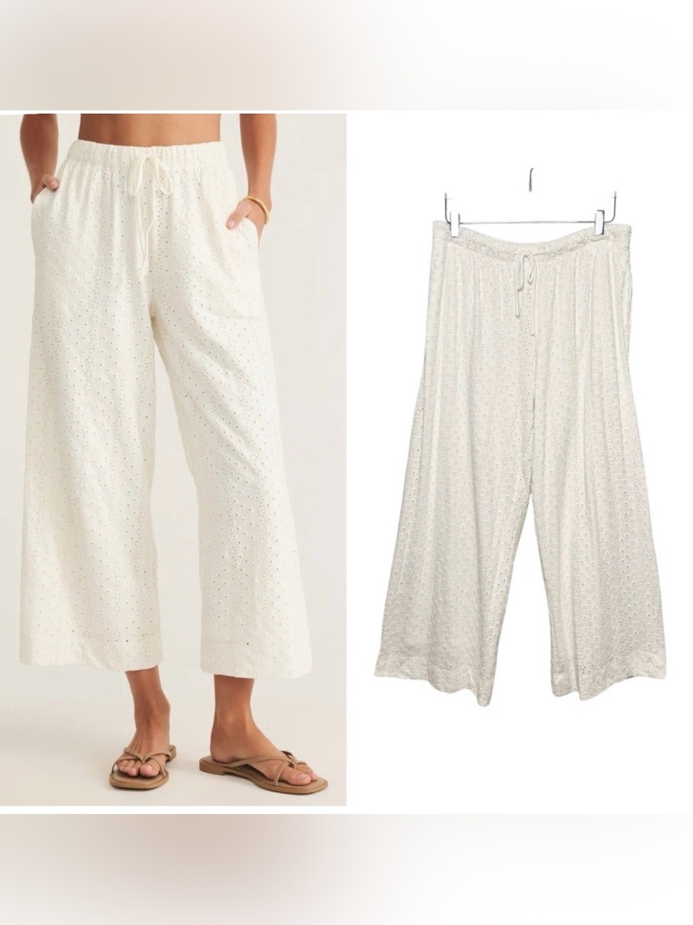 NWT Z Supply Ivory Cream Romi Knit Eyelet Women’s Drawstring Wide Leg Pants Sz L